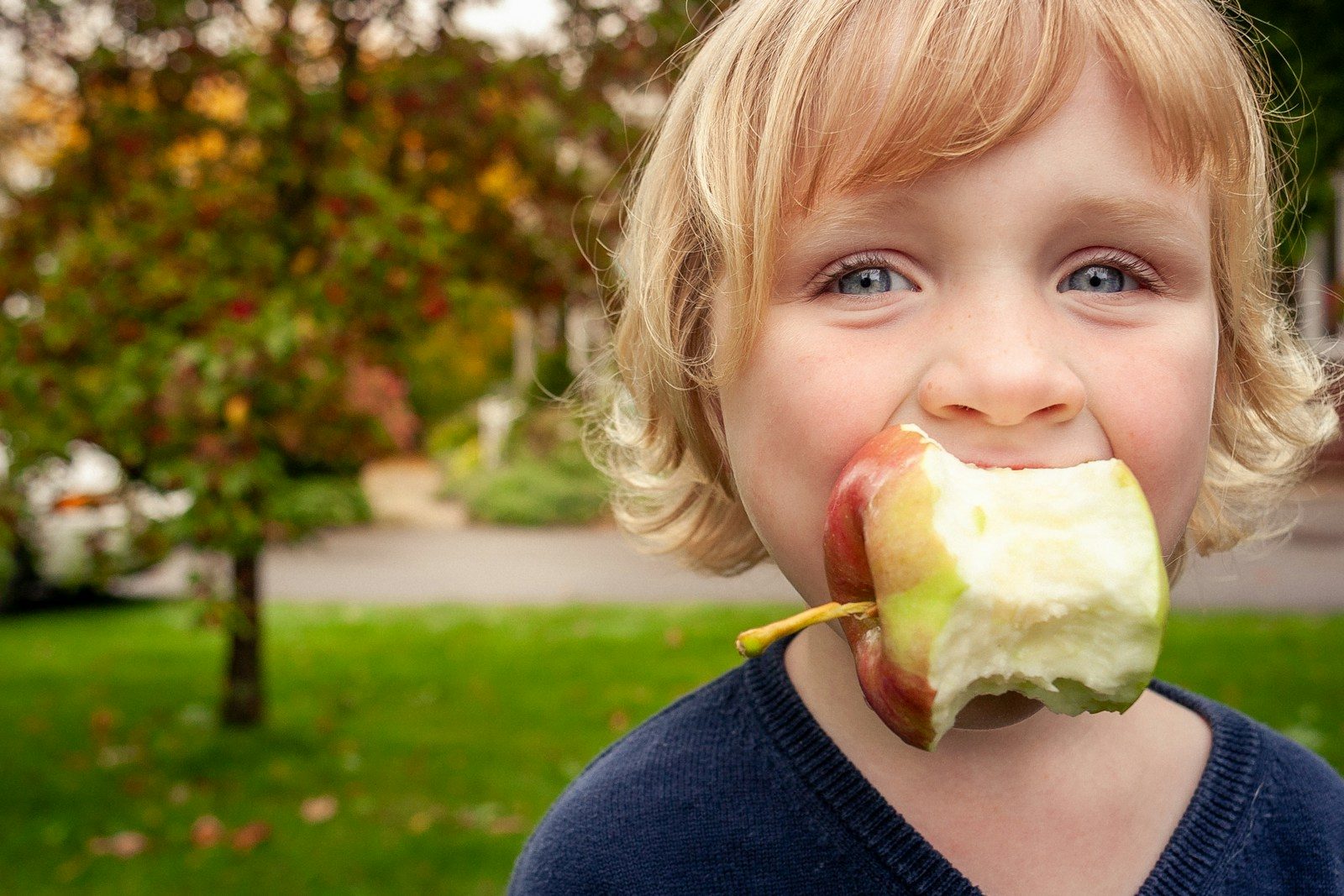 Young child with a bitten apple in mouth