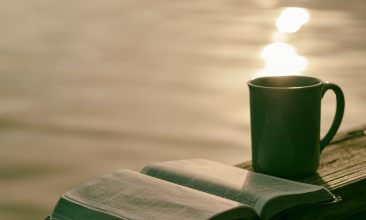 green ceramic mug beside book